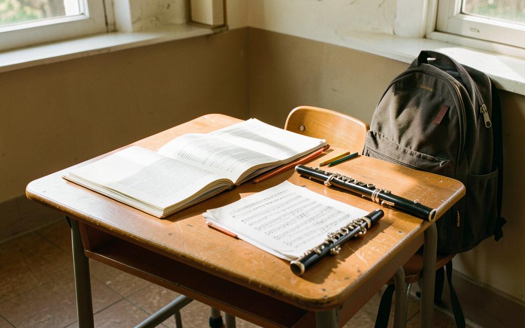 Schulbank mit aufgeschlagenen Büchern, Noten, Flöte und Schulranzen