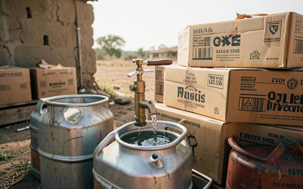 Sauberes Trinkwasser läuft in Kanister neben Hilfsgüterkisten
