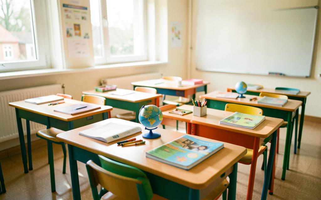 Heller Grundschulklassenraum mit bunten Tischen, Büchern und Globus
